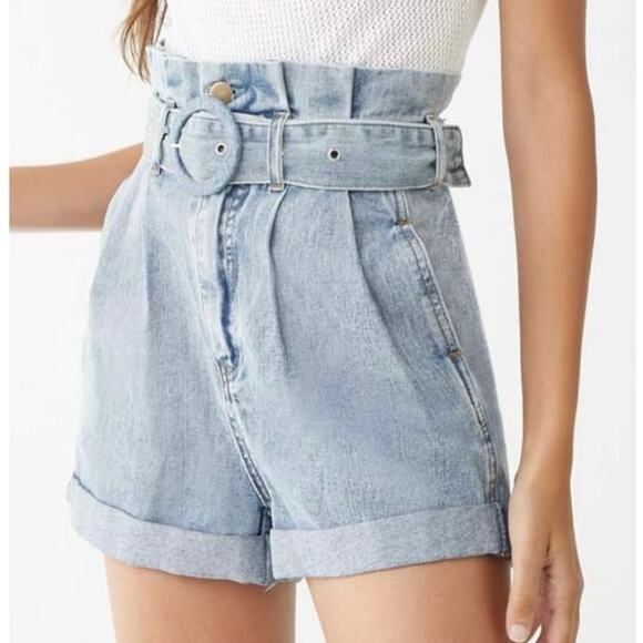 Forever 21 Y2K 90s Size XS High Waisted Belted Paper Bag Denim Jean Shorts - Picture 3 of 13